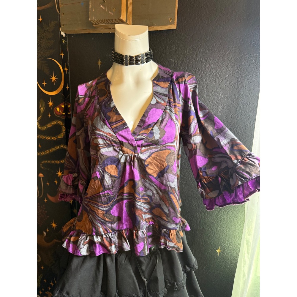 Nanette Lepore Silk Blouse Purple Brown Psychedelic Swirl Ruffle V-Neck Top S